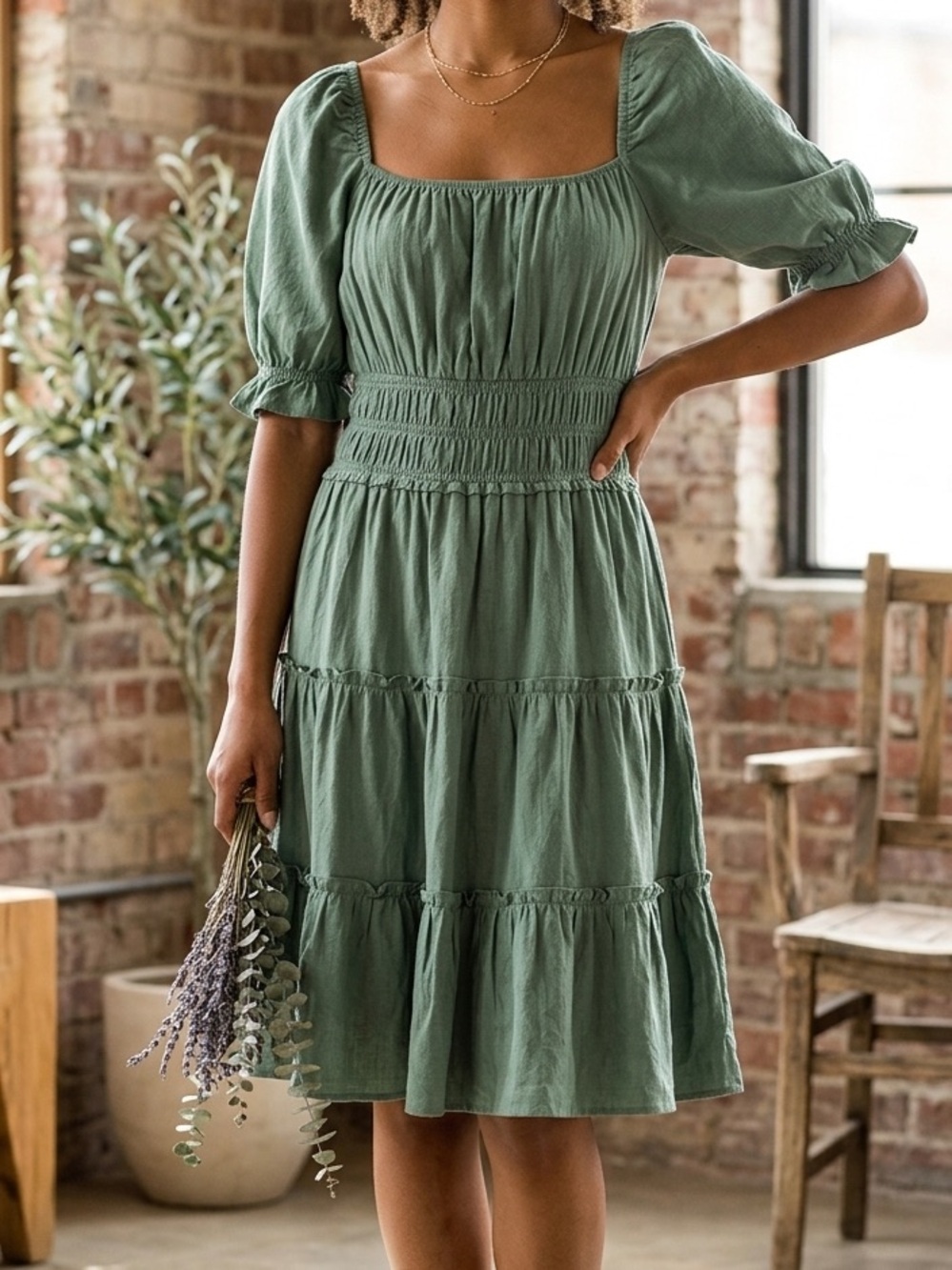 Women’s Sage Green Smocked Midi Dress - Brand Unspecified
